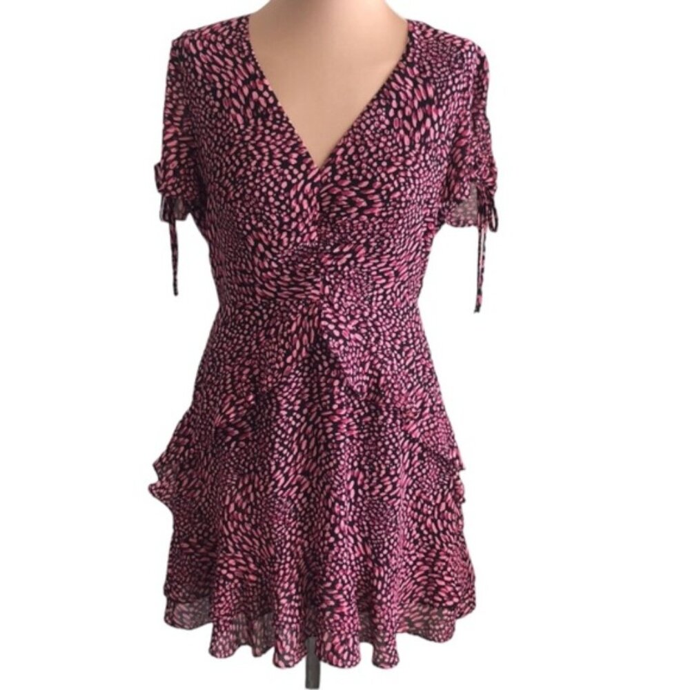 Bar III Printed Ruffled Mini Dress Purple Fuschia Black Dots Sz.12